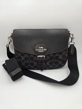 COACH CQ185 Amelia Saddle Bag Crossbody Black Signature Denim & Pebbled Leather*